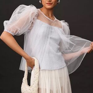By Anthropologie sheer pale blue puff sleeve top